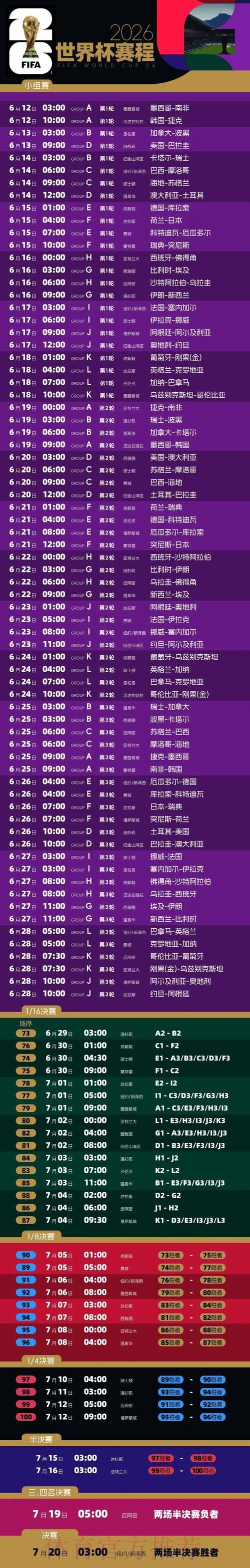 2026世界杯每日赛程官方发布实时赛程实时查看